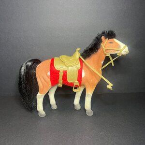 Vintage Brown & Black Velvet Felt Flocked Plastic Pony Horse w/ Saddle & Reins
